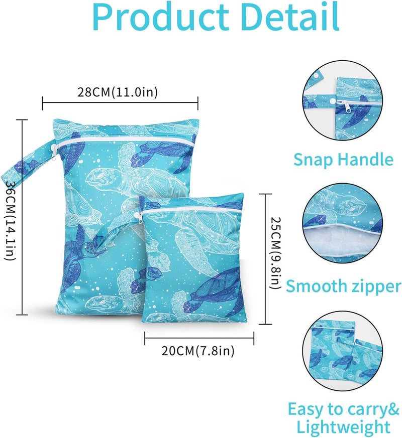 CoolaPeach 2 Pcs Wet Bags Waterproof Reusable Zippered Pocket Cloth Diaper Wet Dry Bags for Travel Beach Pool Swim, Baby Diapers,Gym Yoga Wet Clothes,Swimsuit,water wipes(Blue turtle) - Image 2